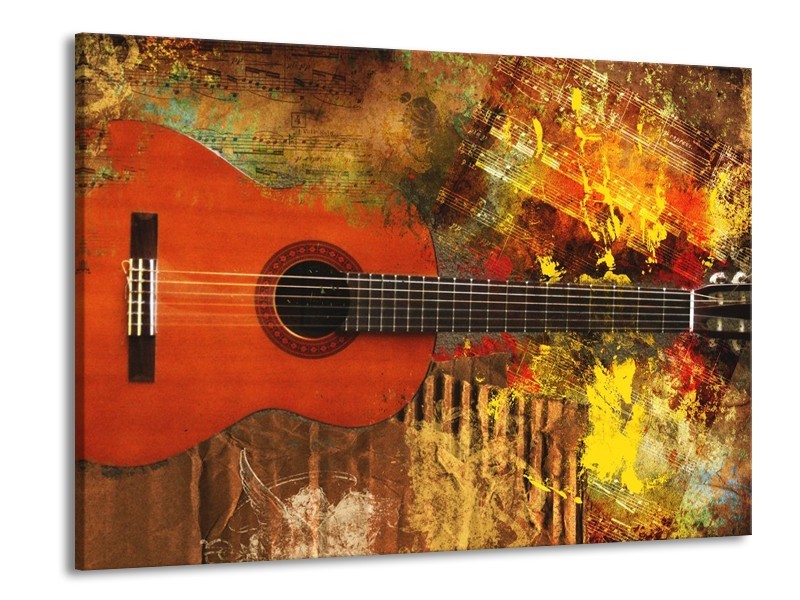 Canvas schilderij Gitaar | Rood, Oranje, Geel | 100x70cm 1Luik