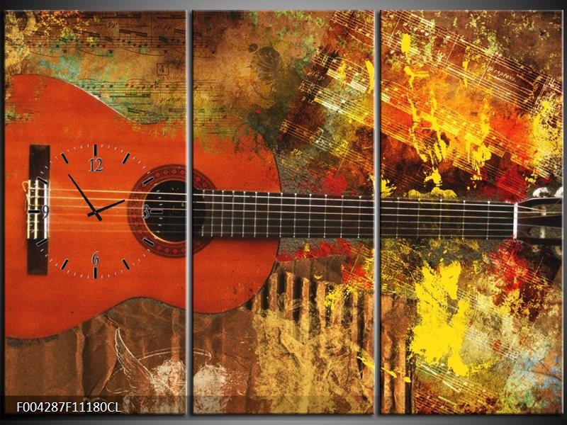 Klok schilderij Gitaar | Rood, Oranje, Geel | 111x80cm 3Luik