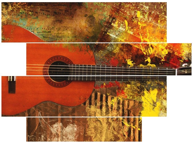 Glas schilderij Gitaar | Rood, Oranje, Geel | 115x85cm 4Luik