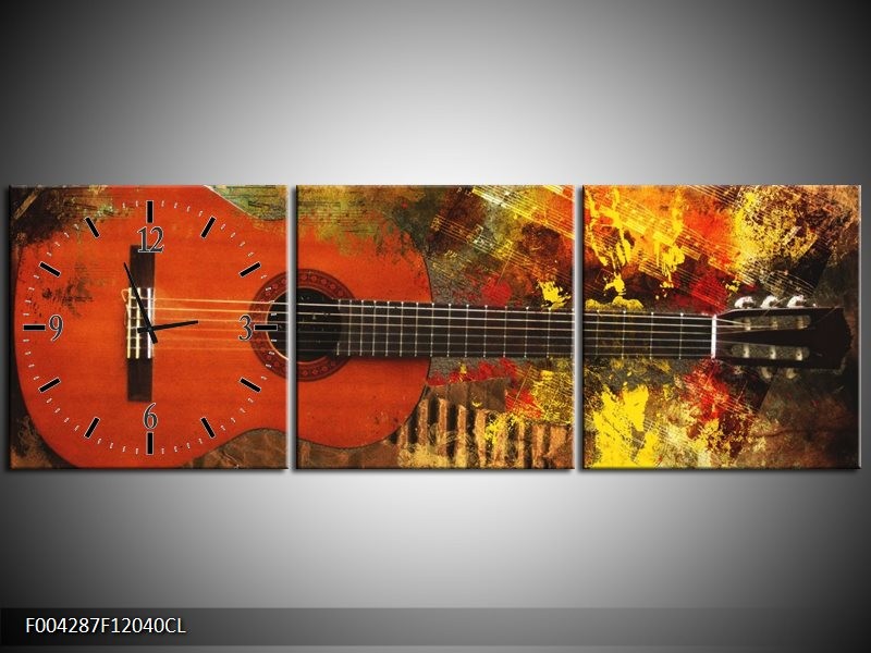 Klok schilderij Gitaar | Rood, Oranje, Geel | 120x40cm 3Luik