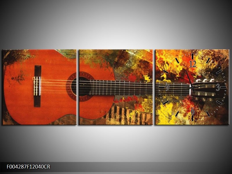 Klok schilderij Gitaar | Rood, Oranje, Geel | 120x40cm 3Luik