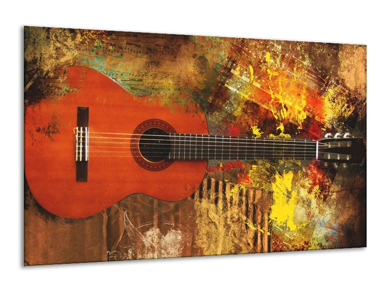 Glas schilderij Gitaar | Rood, Oranje, Geel | 120x70cm 1Luik