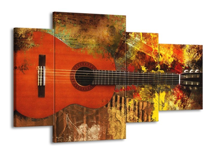 Glas schilderij Gitaar | Rood, Oranje, Geel | 120x75cm 4Luik