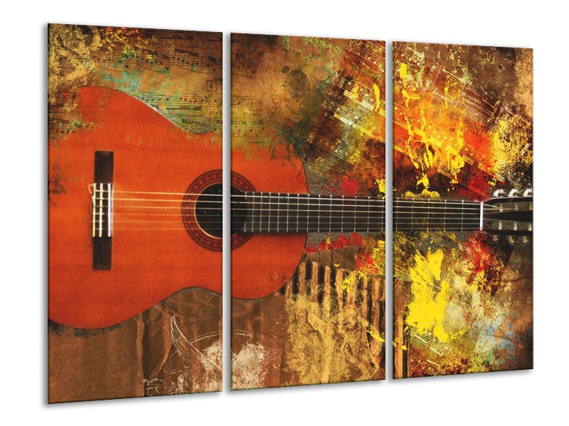 Canvas schilderij Gitaar | Rood, Oranje, Geel | 120x80cm 3Luik