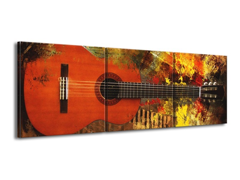 Glas schilderij Gitaar | Rood, Oranje, Geel | 150x50cm 3Luik