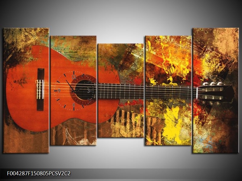 Klok schilderij Gitaar | Rood, Oranje, Geel | 150x80cm 5Luik