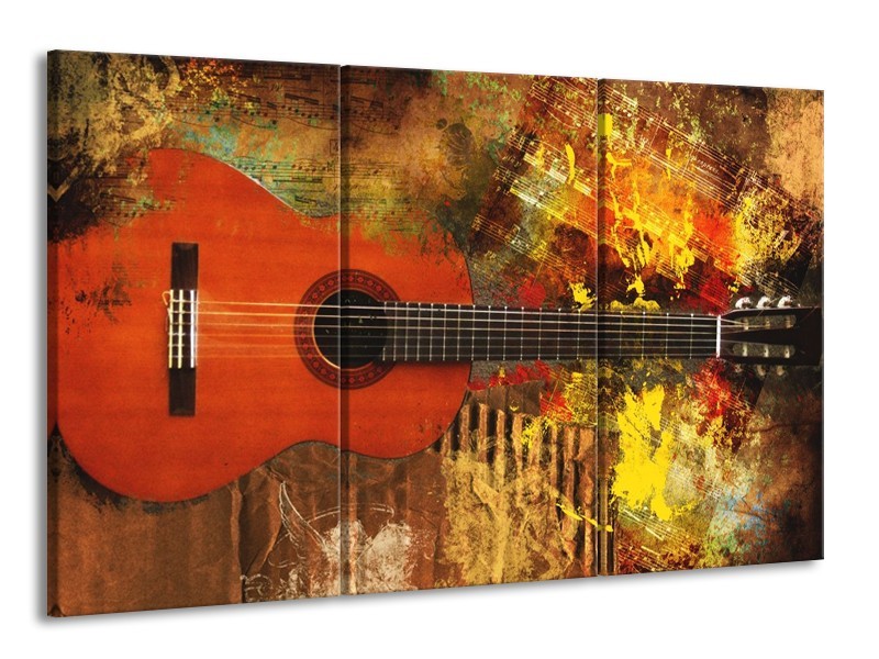 Glas schilderij Gitaar | Rood, Oranje, Geel | 165x100cm 3Luik
