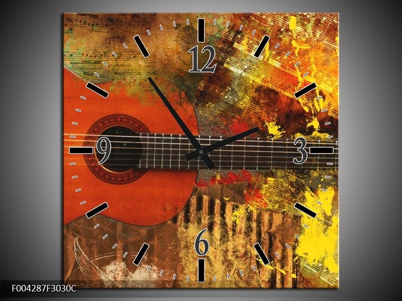 Klok schilderij Gitaar | Rood, Oranje, Geel | 30x30cm 1Luik