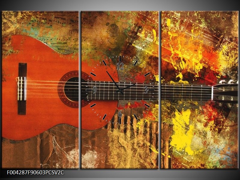 Klok schilderij Gitaar | Rood, Oranje, Geel | 90x60cm 3Luik