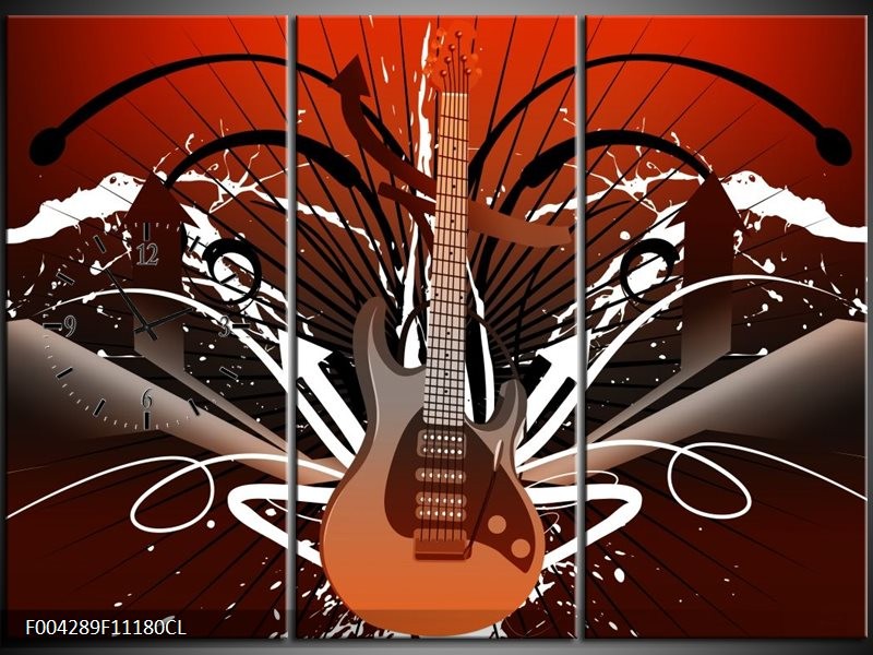 Klok schilderij Gitaar | Bruin, Wit, Zwart | 111x80cm 3Luik