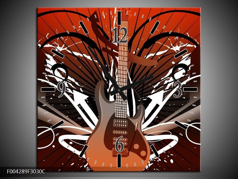 Klok schilderij Gitaar | Bruin, Wit, Zwart | 30x30cm 1Luik