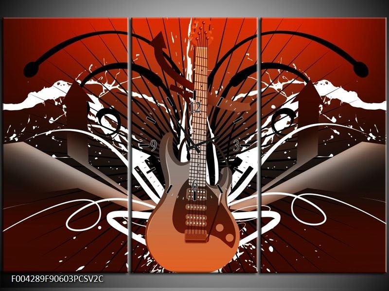Klok schilderij Gitaar | Bruin, Wit, Zwart | 90x60cm 3Luik