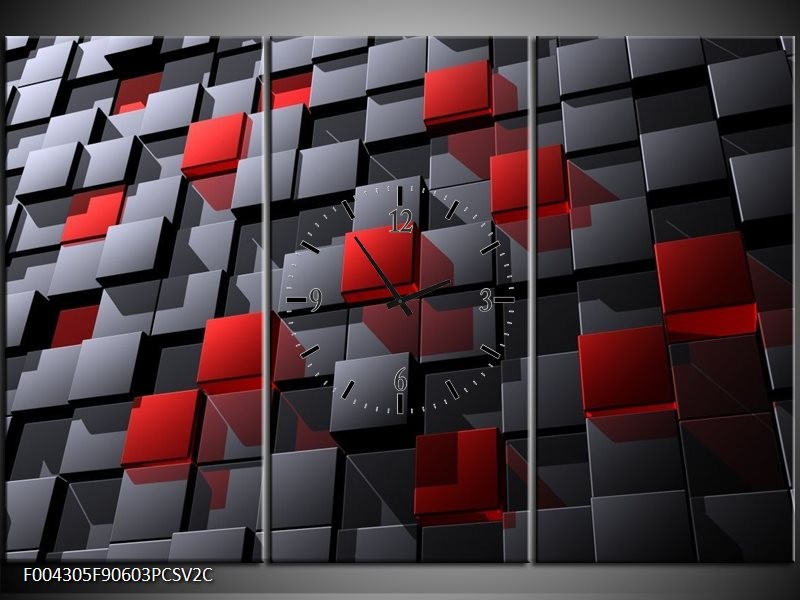 Klok schilderij Modern | Grijs, Rood, Zwart | 90x60cm 3Luik