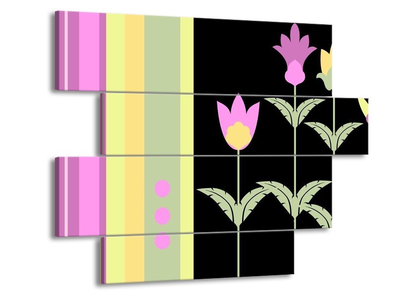 Canvas schilderij Abstract | Paars, Geel, Zwart | 115x85cm 4Luik