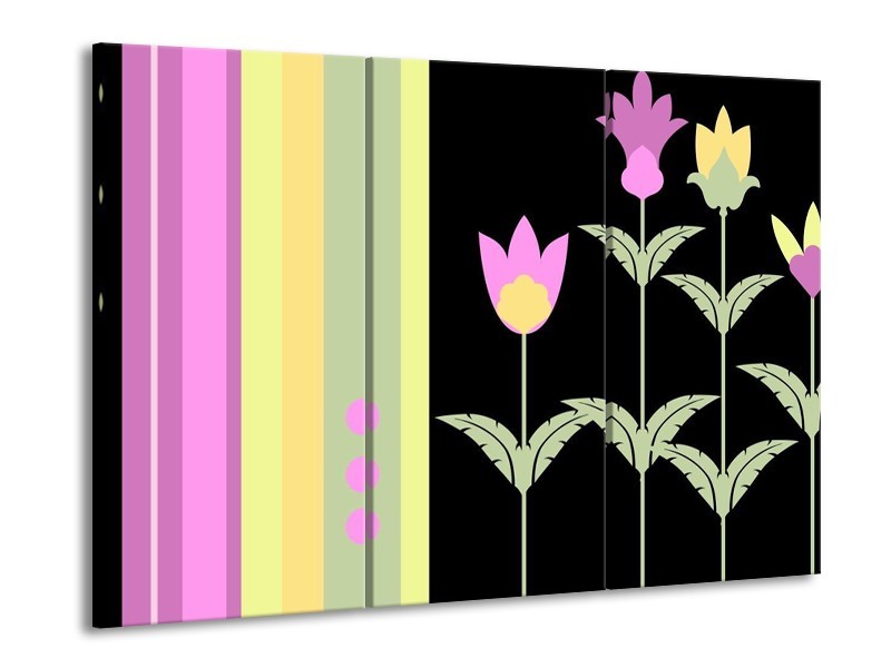 Canvas schilderij Abstract | Paars, Geel, Zwart | 90x60cm 3Luik