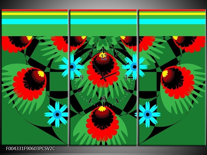 Klok schilderij Abstract | Groen, Rood, Blauw | 90x60cm 3Luik