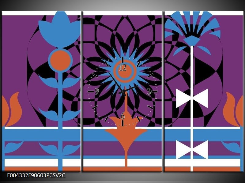 Klok schilderij Abstract | Paars, Zwart, Wit | 90x60cm 3Luik