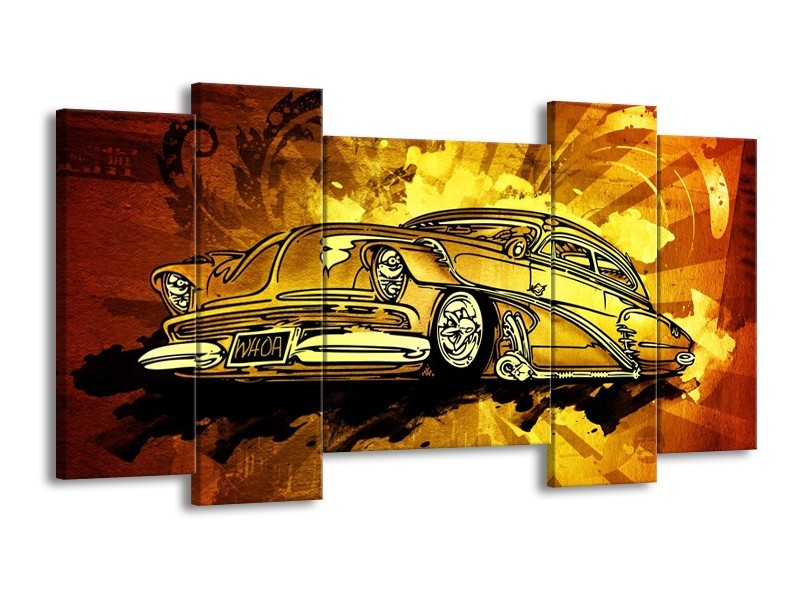Glas schilderij Oldtimer | Geel, Zwart, Goud | 120x65cm 5Luik