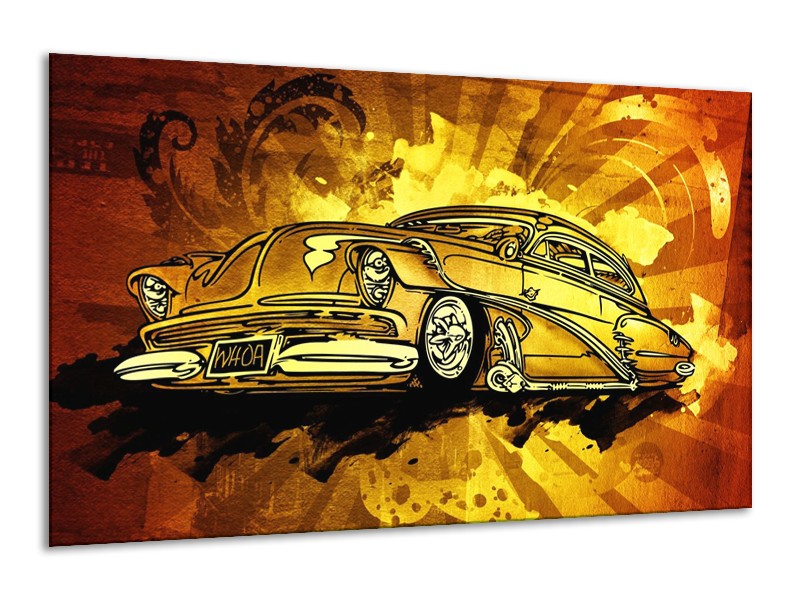 Glas schilderij Oldtimer | Geel, Zwart, Goud | 120x70cm 1Luik
