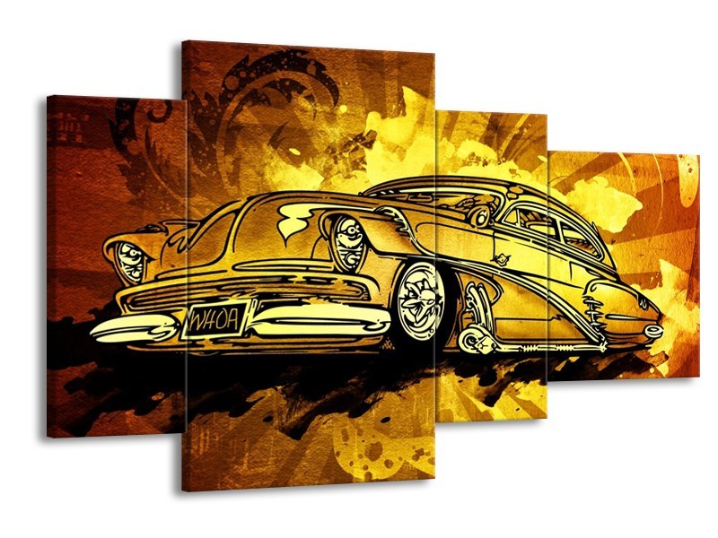 Glas schilderij Oldtimer | Geel, Zwart, Goud | 120x75cm 4Luik