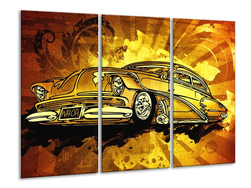 Canvas schilderij Oldtimer | Geel, Zwart, Goud | 120x80cm 3Luik