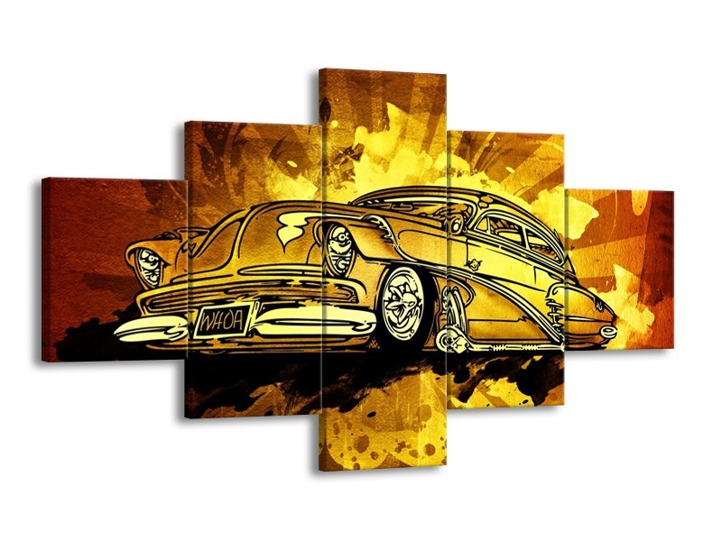 Glas schilderij Oldtimer | Geel, Zwart, Goud | 125x70cm 5Luik