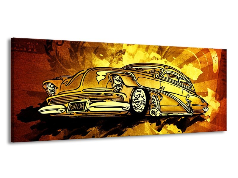 Glas schilderij Oldtimer | Geel, Zwart, Goud | 145x58cm 1Luik