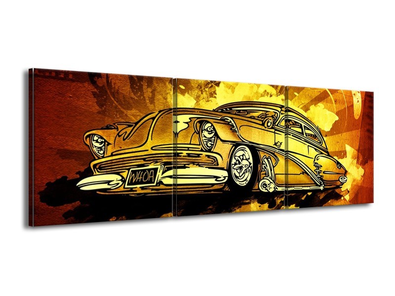 Glas schilderij Oldtimer | Geel, Zwart, Goud | 150x50cm 3Luik