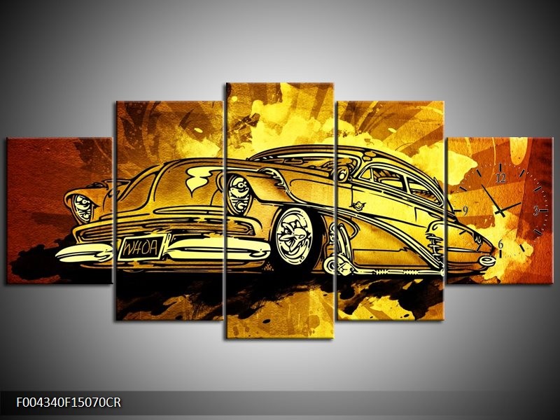 Klok schilderij Oldtimer | Geel, Zwart, Goud | 150x70cm 5Luik
