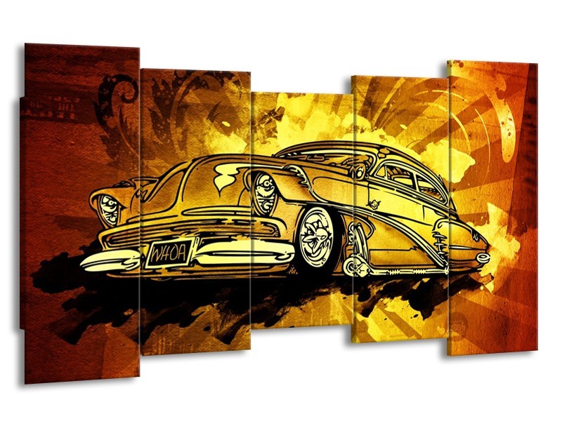 Canvas schilderij Oldtimer | Geel, Zwart, Goud | 150x80cm 5Luik