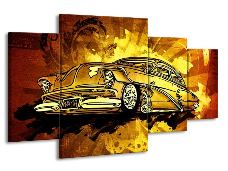Glas schilderij Oldtimer | Geel, Zwart, Goud | 160x90cm 4Luik