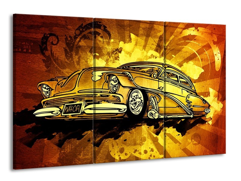 Glas schilderij Oldtimer | Geel, Zwart, Goud | 165x100cm 3Luik