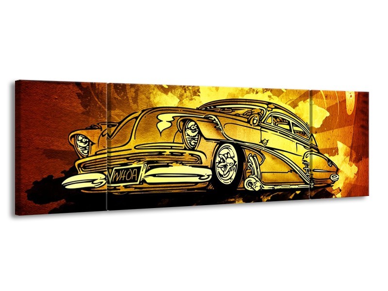 Glas schilderij Oldtimer | Geel, Zwart, Goud | 170x50cm 3Luik