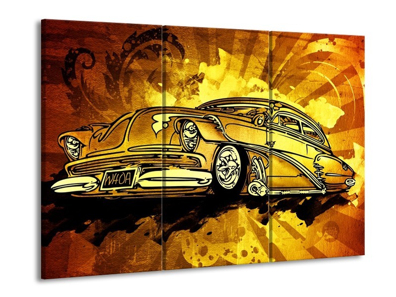 Glas schilderij Oldtimer | Geel, Zwart, Goud | 90x60cm 3Luik