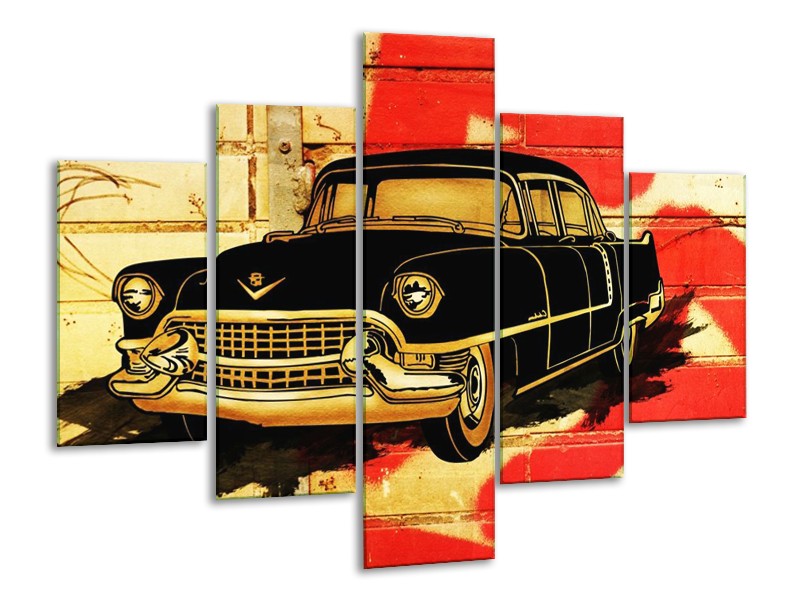 Glas schilderij Oldtimer | Zwart, Rood, Geel | 100x70cm 5Luik