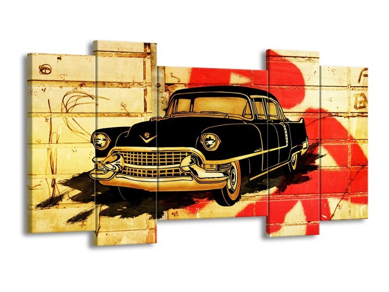 Glas schilderij Oldtimer | Zwart, Rood, Geel | 120x65cm 5Luik