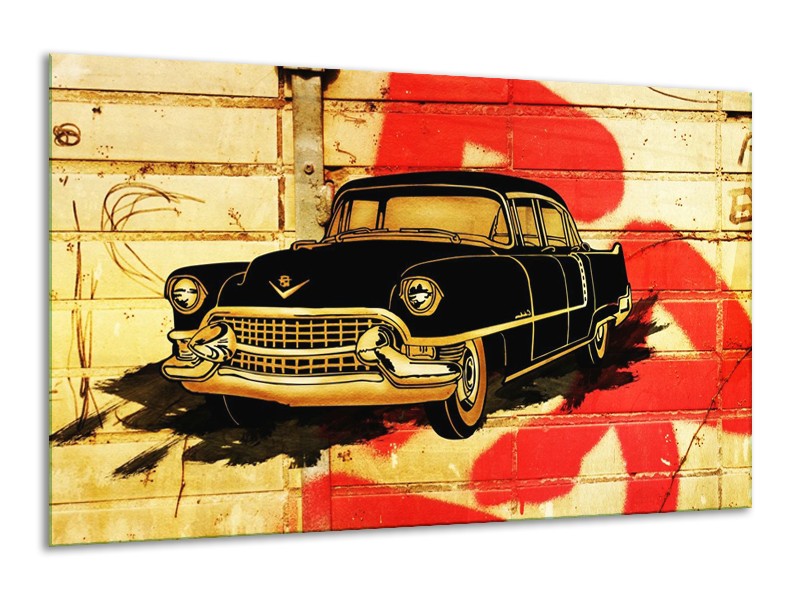 Glas schilderij Oldtimer | Zwart, Rood, Geel | 120x70cm 1Luik