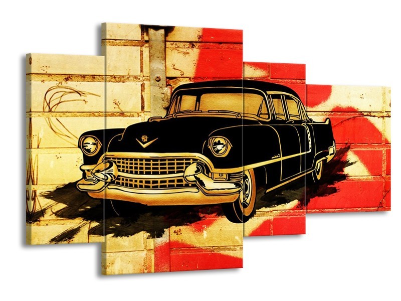Glas schilderij Oldtimer | Zwart, Rood, Geel | 120x75cm 4Luik