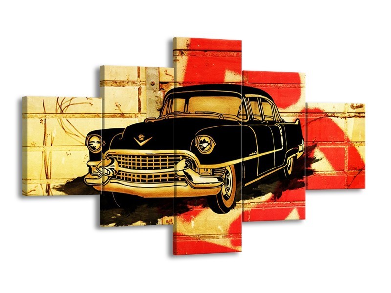 Glas schilderij Oldtimer | Zwart, Rood, Geel | 125x70cm 5Luik
