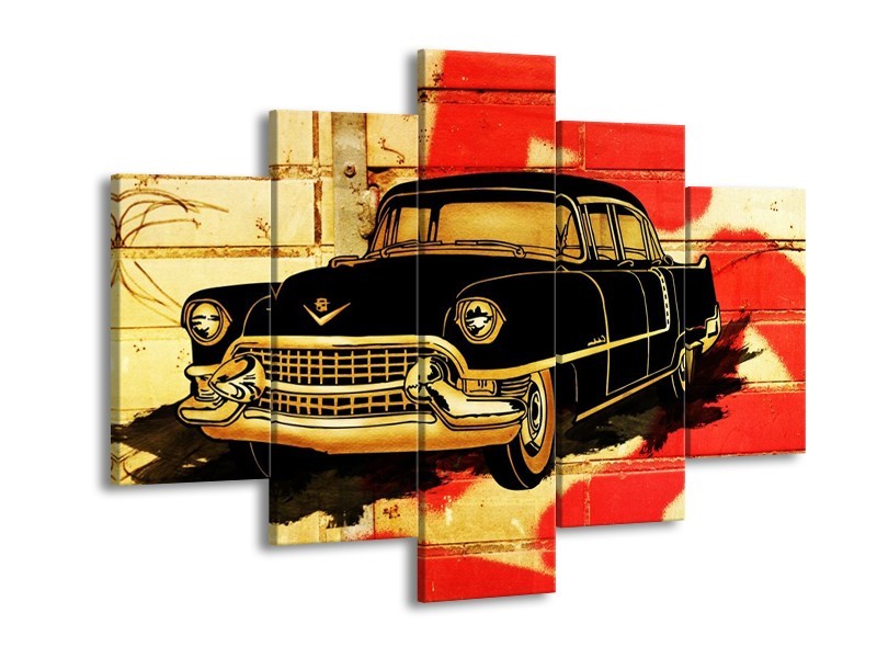 Glas schilderij Oldtimer | Zwart, Rood, Geel | 150x105cm 5Luik