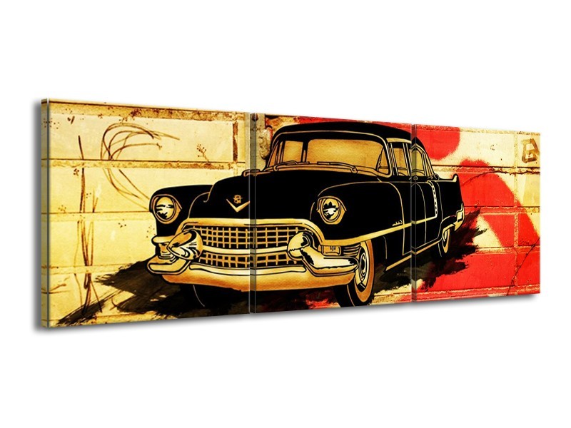 Glas schilderij Oldtimer | Zwart, Rood, Geel | 150x50cm 3Luik
