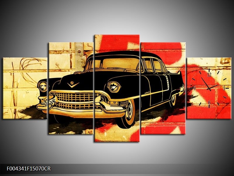 Klok schilderij Oldtimer | Zwart, Rood, Geel | 150x70cm 5Luik