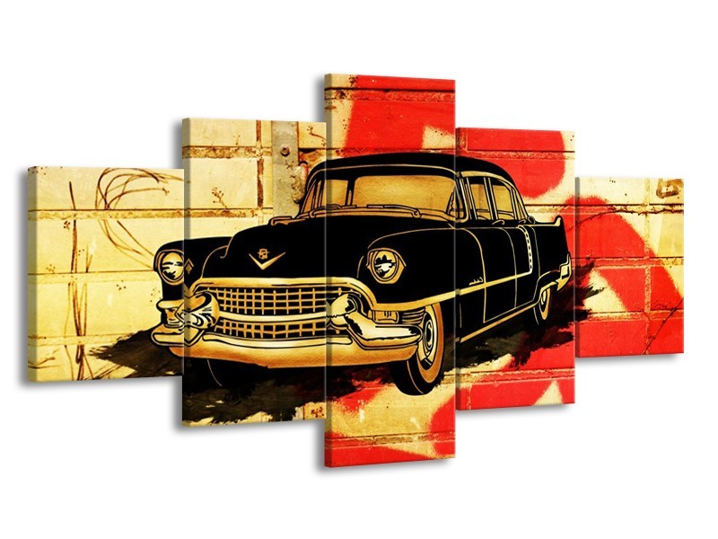 Glas schilderij Oldtimer | Zwart, Rood, Geel | 150x80cm 5Luik