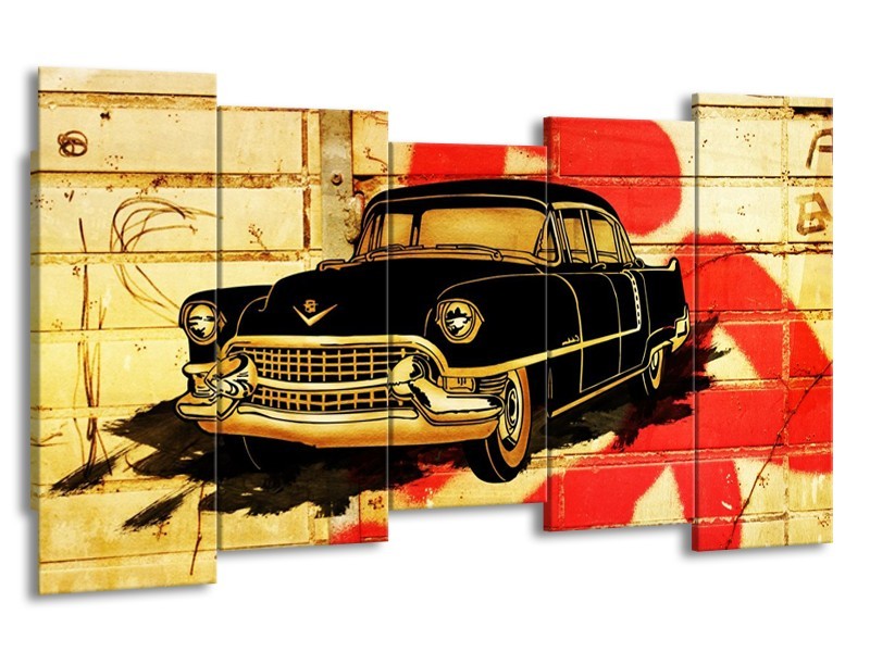 Canvas schilderij Oldtimer | Zwart, Rood, Geel | 150x80cm 5Luik