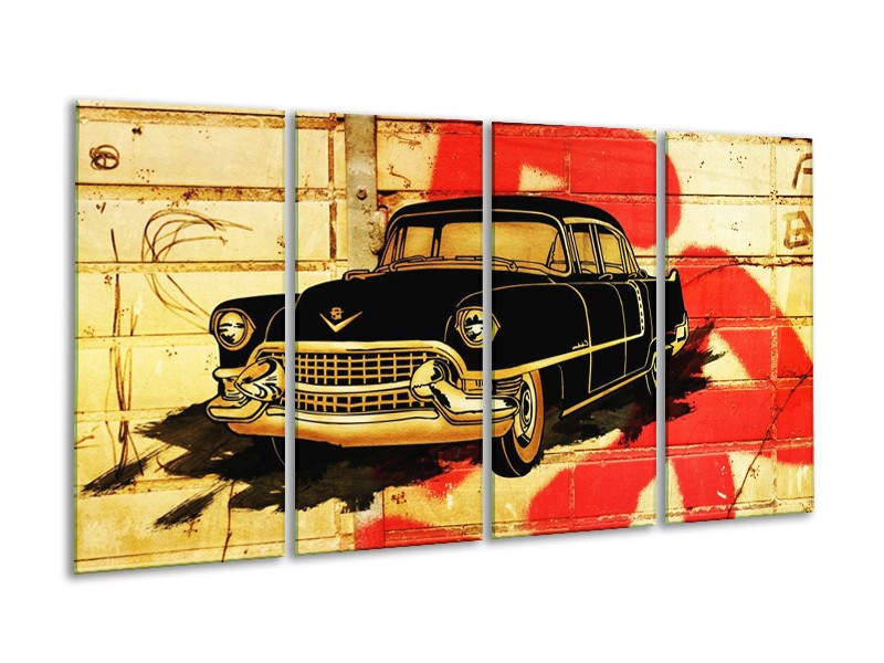 Glas schilderij Oldtimer | Zwart, Rood, Geel | 160x80cm 4Luik