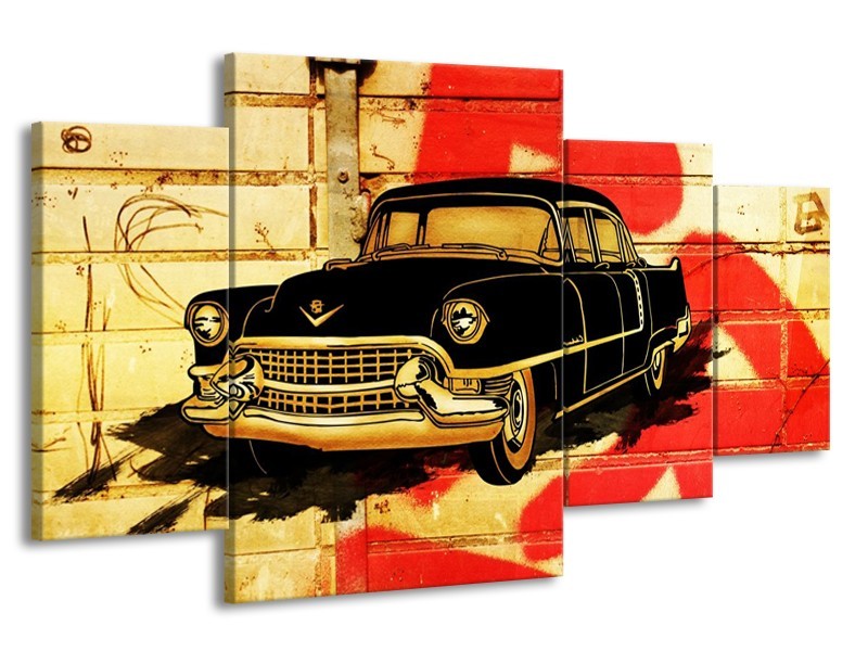 Glas schilderij Oldtimer | Zwart, Rood, Geel | 160x90cm 4Luik