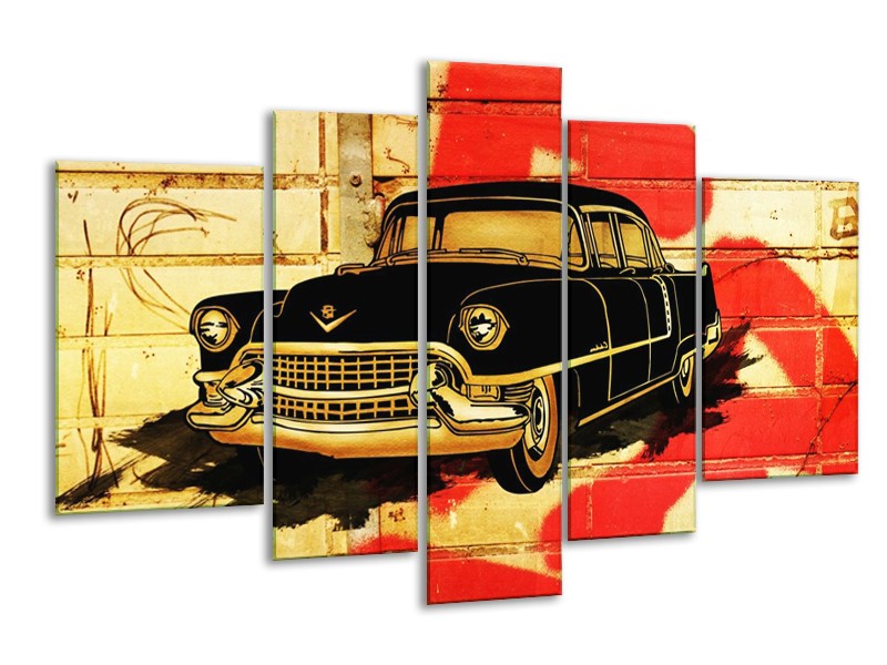 Glas schilderij Oldtimer | Zwart, Rood, Geel | 170x100cm 5Luik
