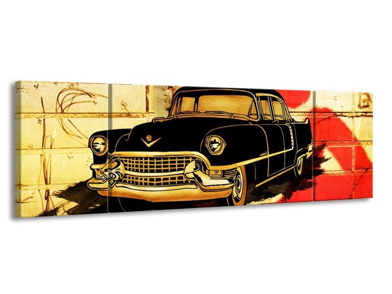 Glas schilderij Oldtimer | Zwart, Rood, Geel | 170x50cm 3Luik