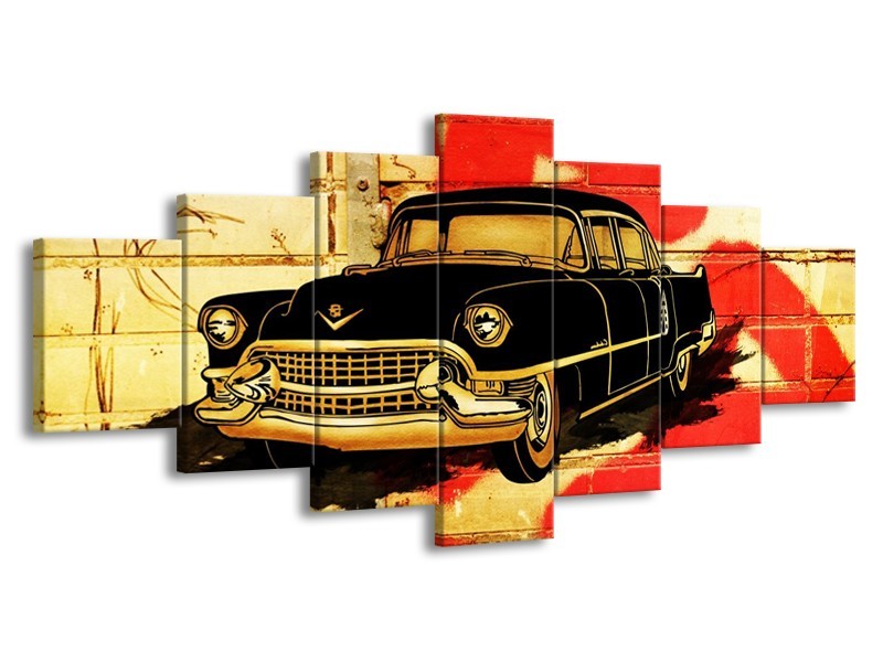 Glas schilderij Oldtimer | Zwart, Rood, Geel | 210x100cm 7Luik