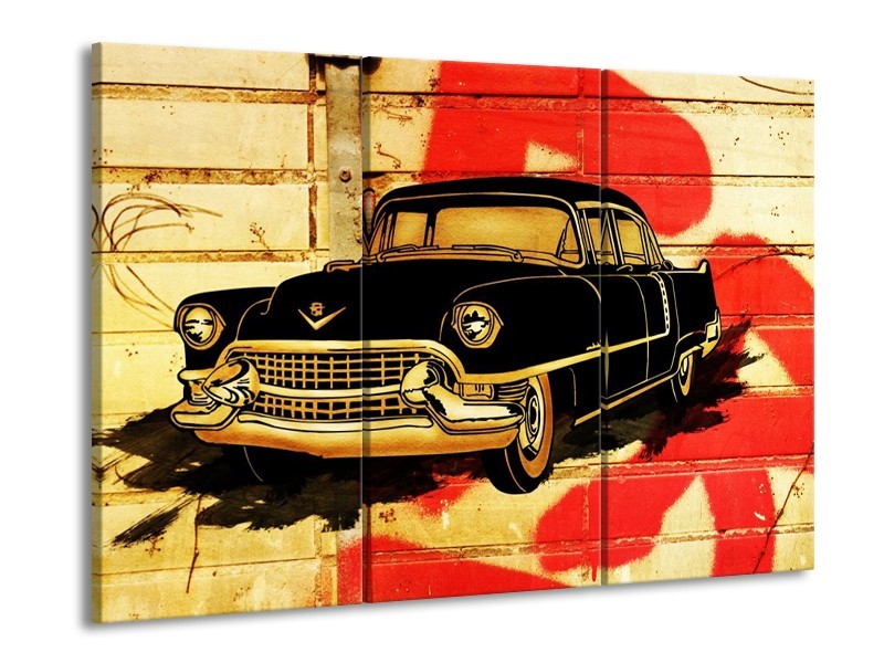 Glas schilderij Oldtimer | Zwart, Rood, Geel | 90x60cm 3Luik